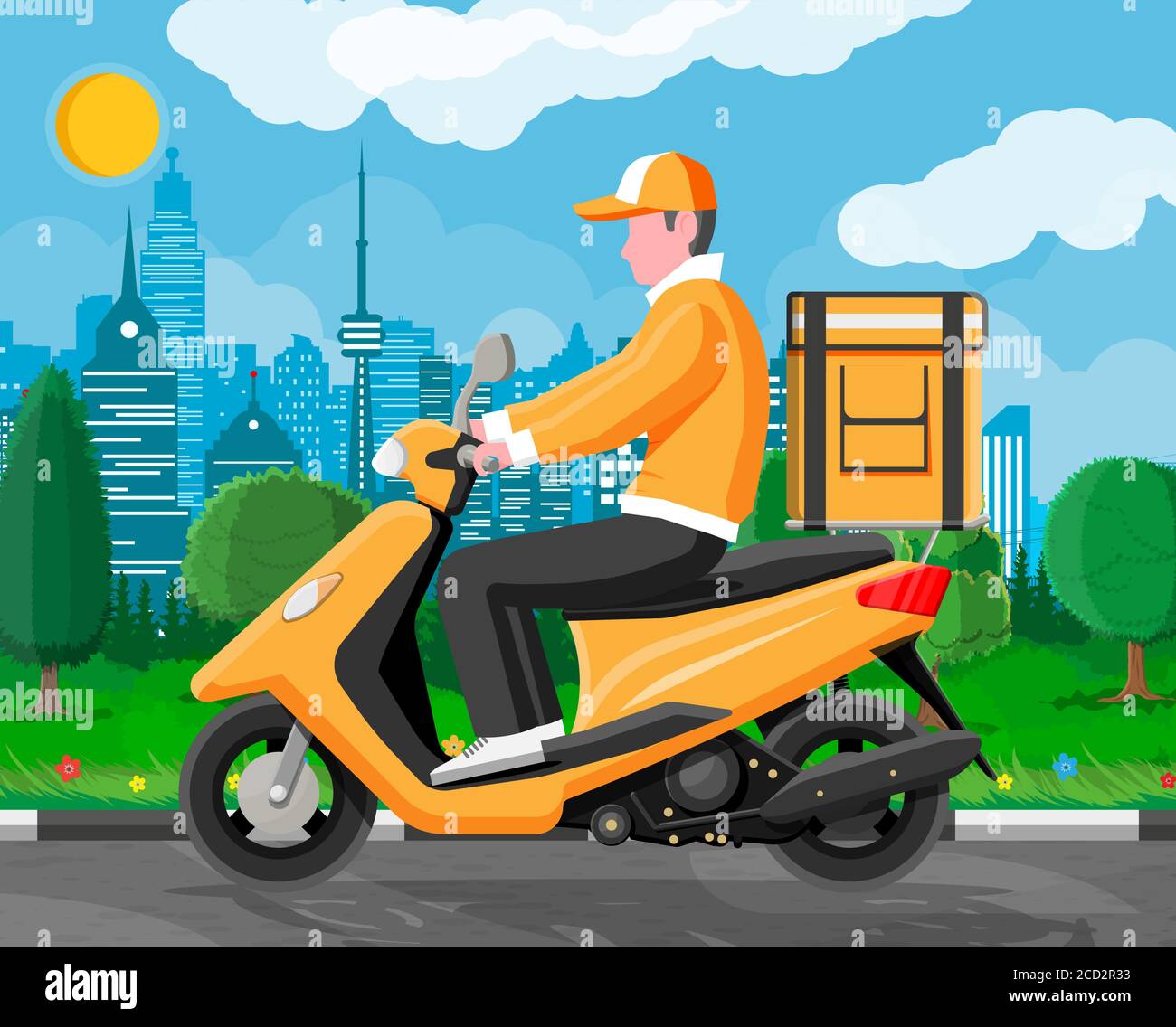 Delivery man riding motorbike scooter with the box. Concept of fast delivery in the city. Male courier with parcel box on his back with goods, food and products. Cartoon flat vector illustration Delivery man riding motorbike scooter with the box. Concept of fast delivery in the city. Male courier with parcel box on his back with goods, food and products. Cartoon flat vector illustration