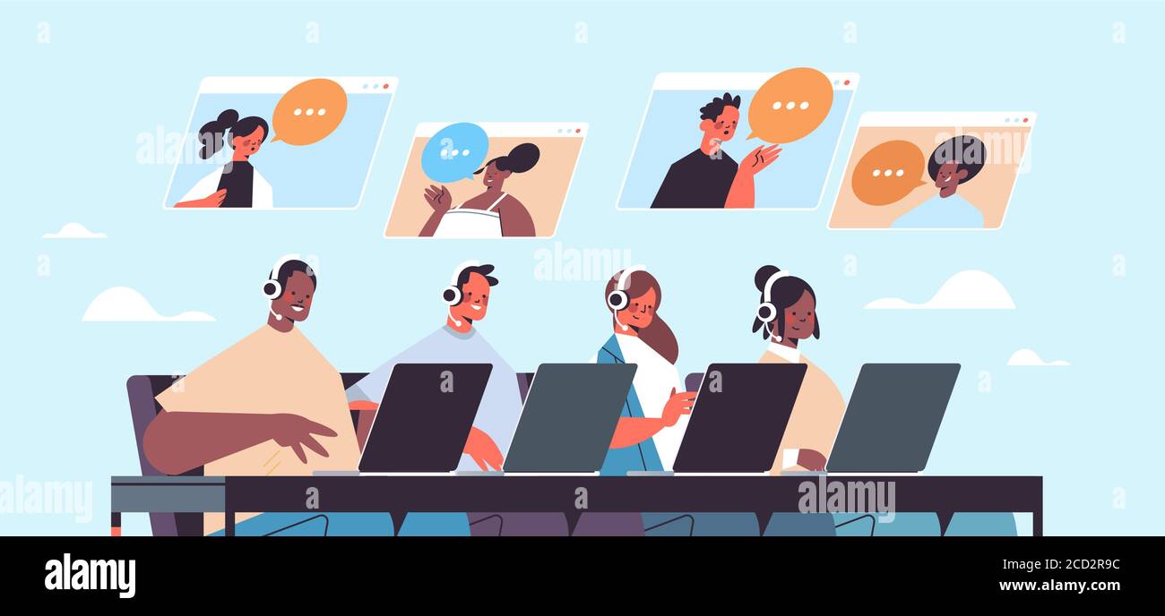 operators with headset chatting with clients call center agents working ...