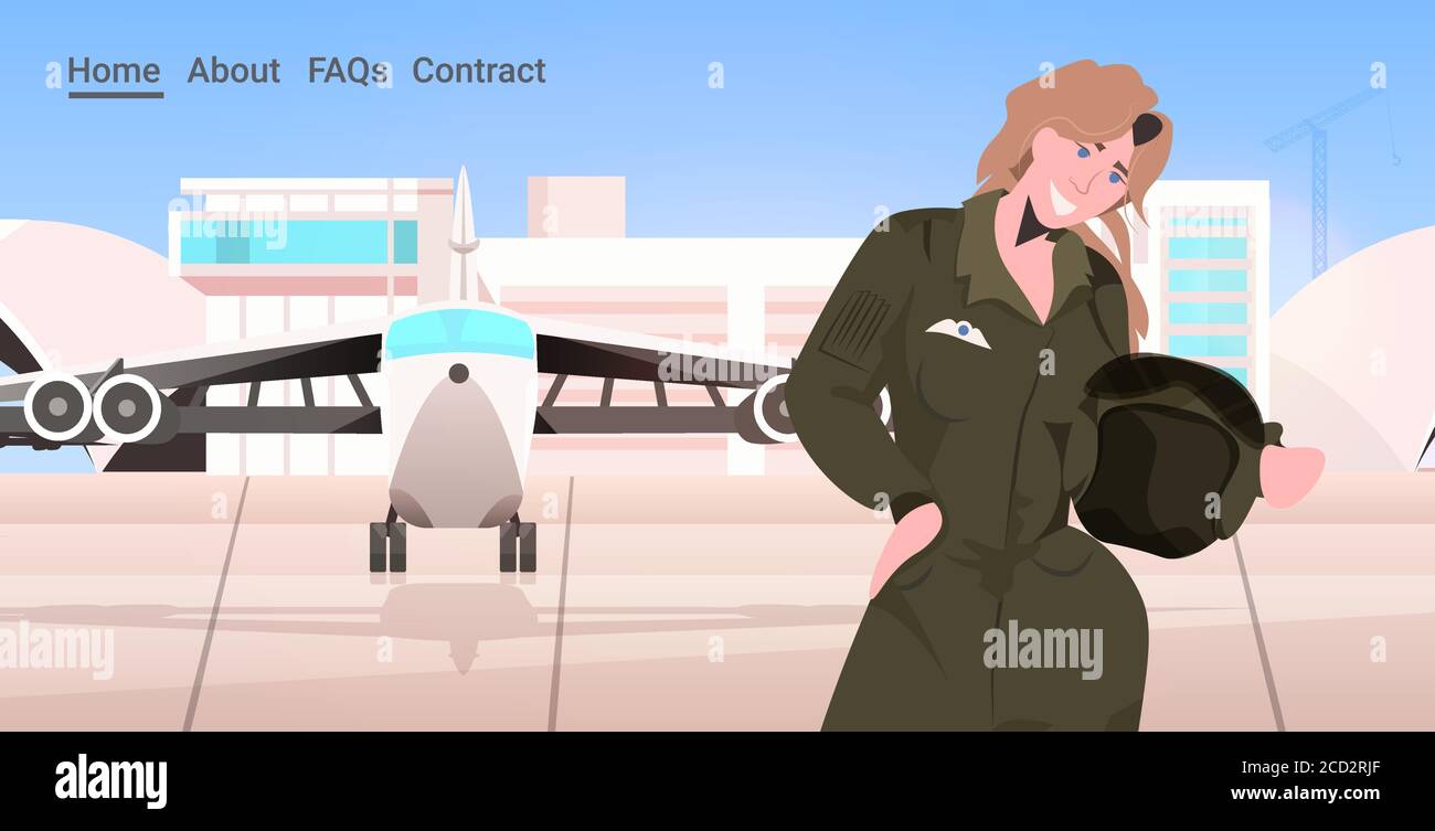 woman pilot in uniform standing near plane airport terminal aviation concept portrait horizontal copy space vector illustration Stock Vector