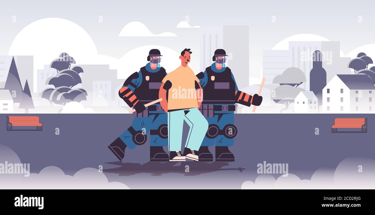 policemen in full tactical gear riot police officers arresting male street protester during clashes demonstration protest concept full length horizontal vector illustration Stock Vector