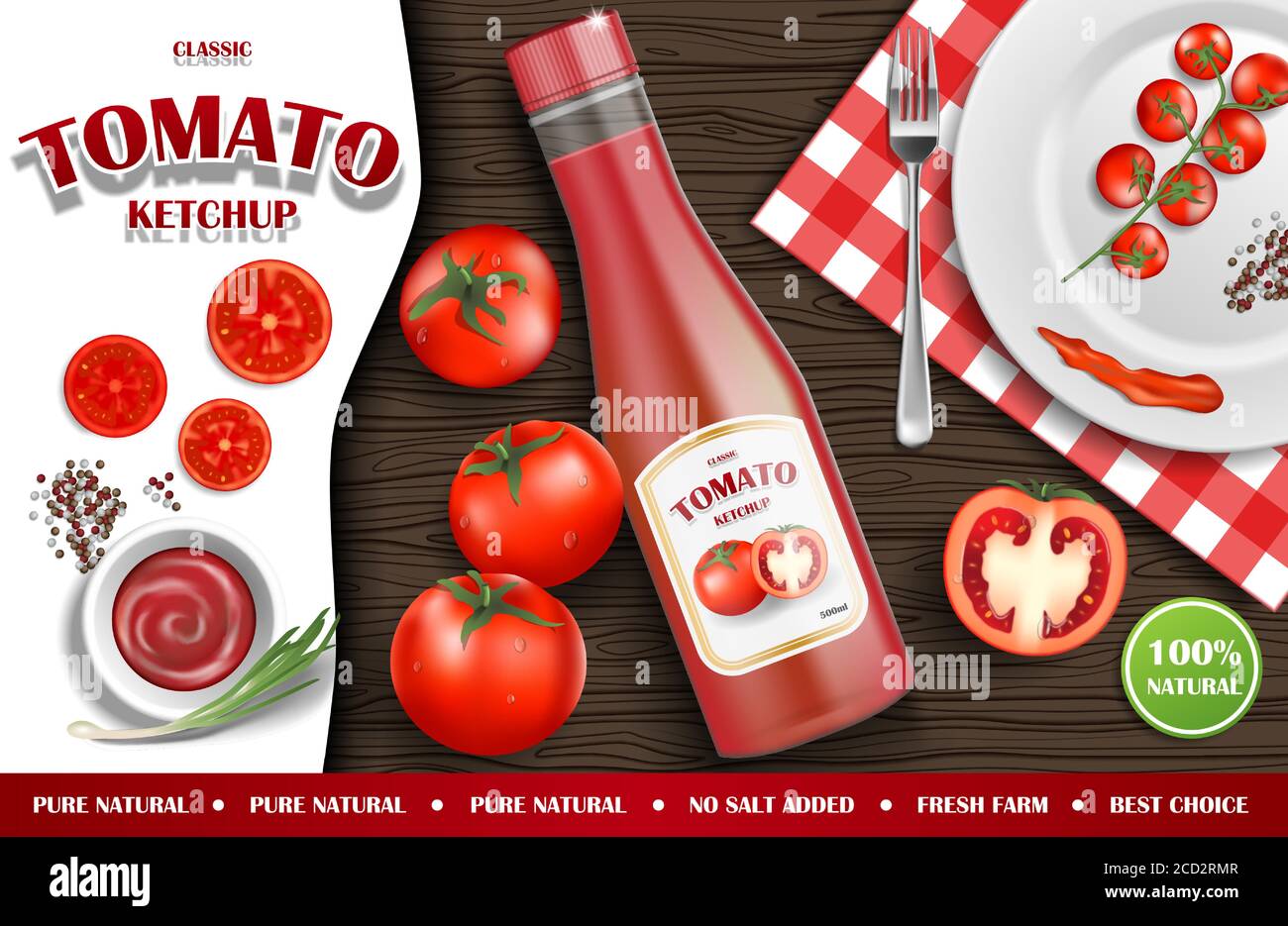 Tomato ketchup ads. Realistic ketchup sauce bottle with fresh tomatoes