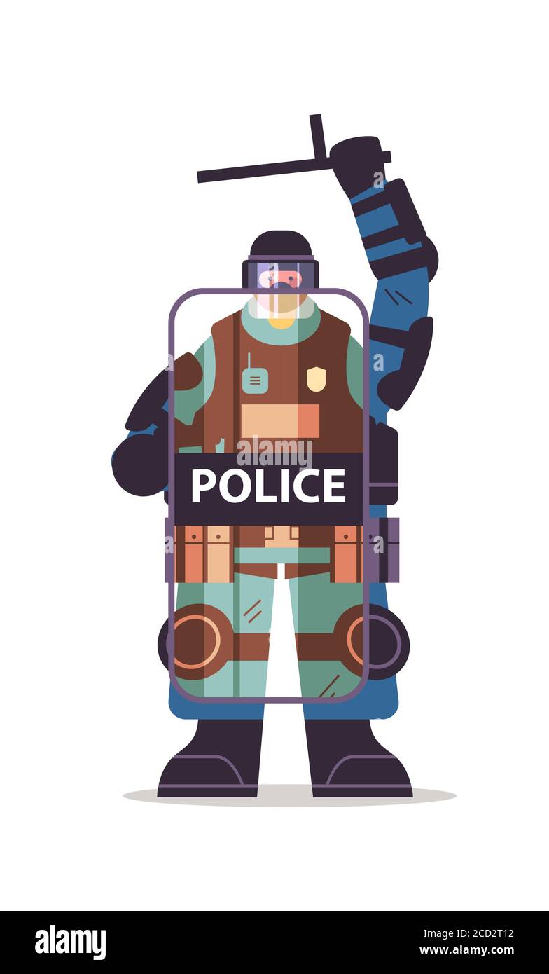 policeman in full tactical gear holding shield and baton riot police officer protesters and demonstrations control concept full length vertical vector illustration Stock Vector