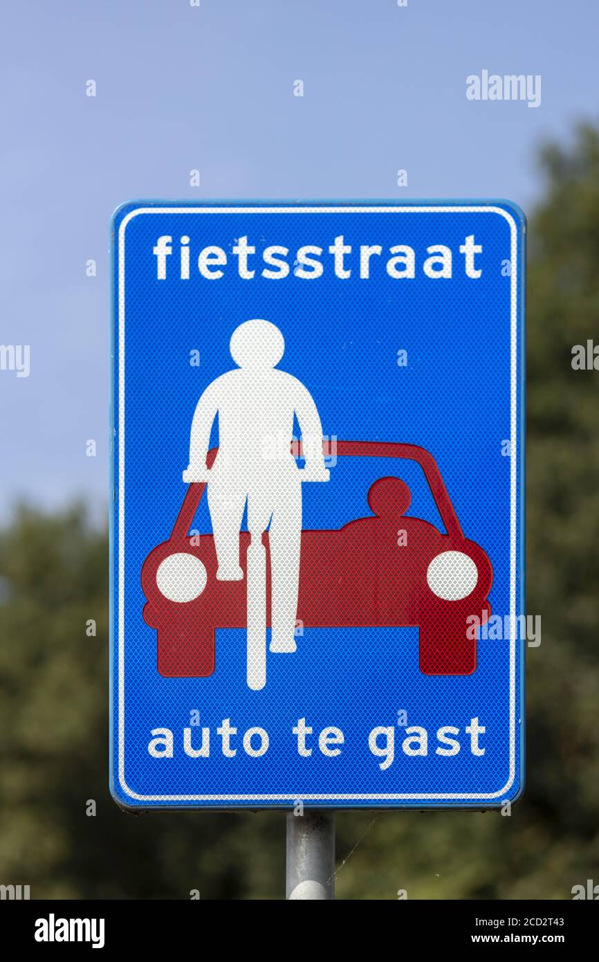 ALMELO, NETHERLANDS Aug 15, 2020 Traffic sign depicting a cyclist