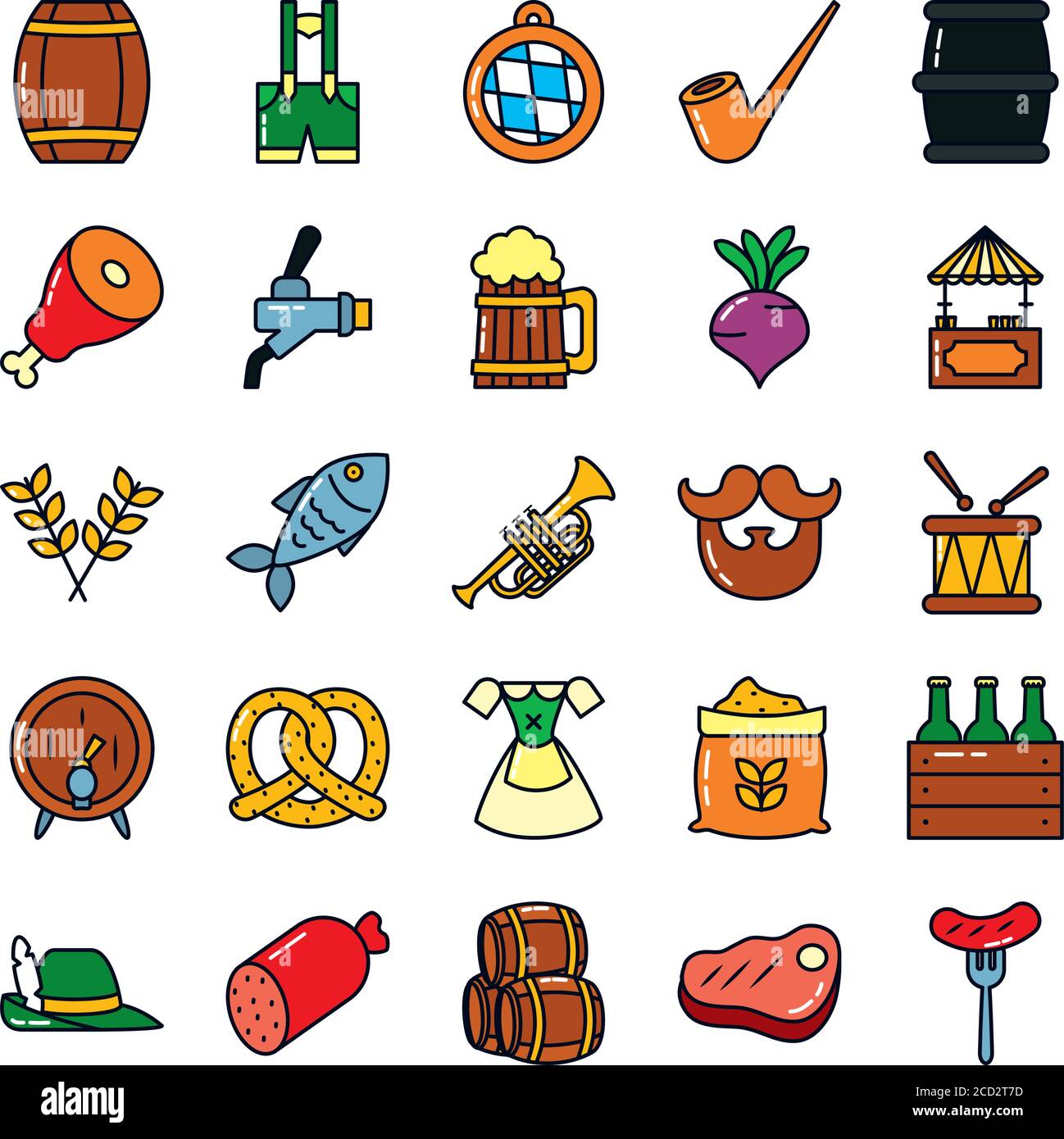 icon set of beer barrels and oktoberfest over white background, line and fill style, vector illustration Stock Vector