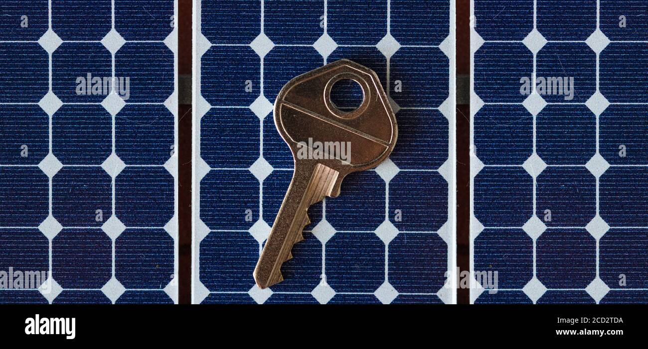 Padlock with key on photovoltaic solar panel on black background Stock ...