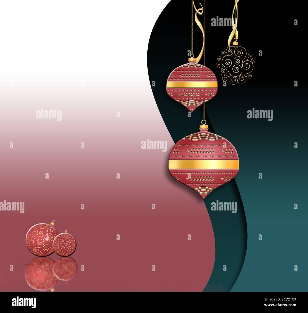 Luxury Christmas and 2021 New Year balls lanterns background in Chinese style. Hanging red baubles with gold decor on black green background. Place for text. 3D illustration Stock Photo