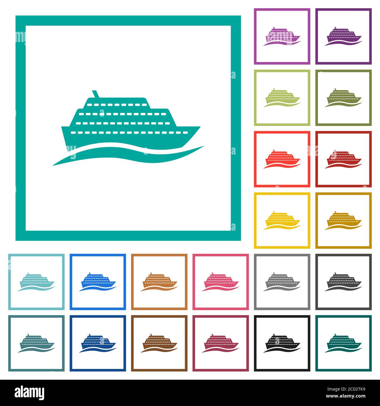 Cruise ship with wave flat color icons with quadrant frames on white ...