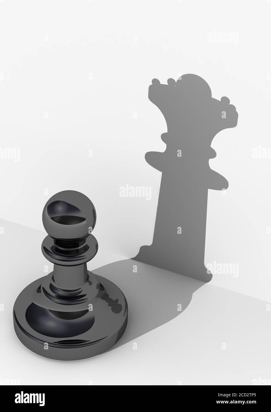 Pawn with high self-esteem. Chess piece. Black pawn with the shadow of queen. The concept of very high self-esteem. 3D illustration. Isolated Stock Photo
