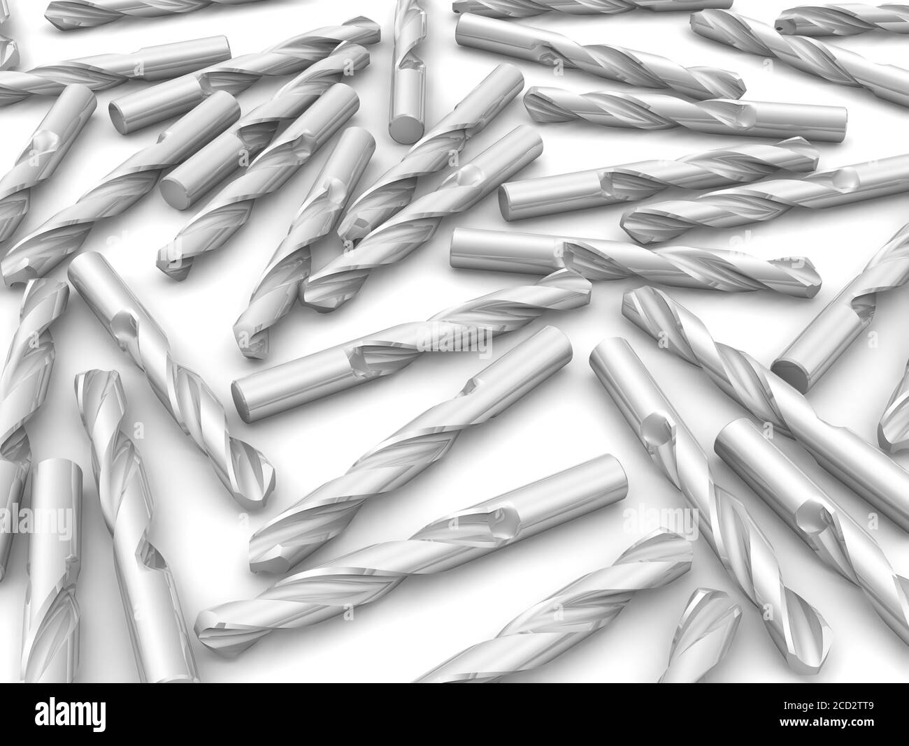 Spiral drills on a white surface. Many spiral drills lie randomly on a white surface. 3D Illustration Stock Photo