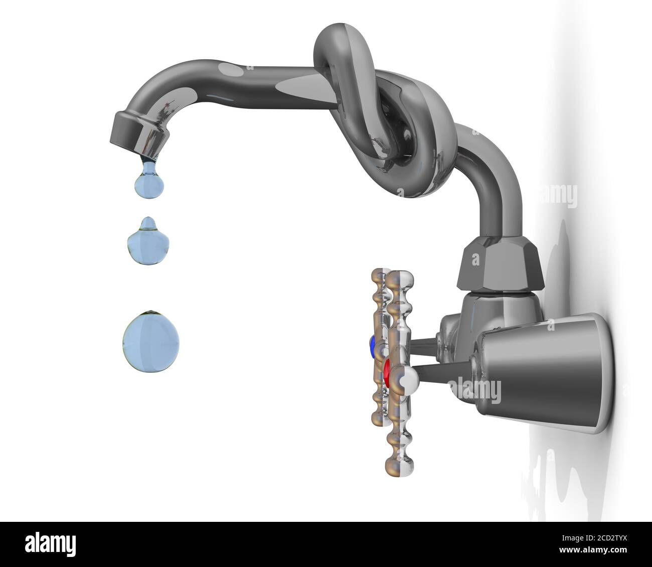 Dripping faucet tied in a knot on the white wall. 3D illustration Stock Photo