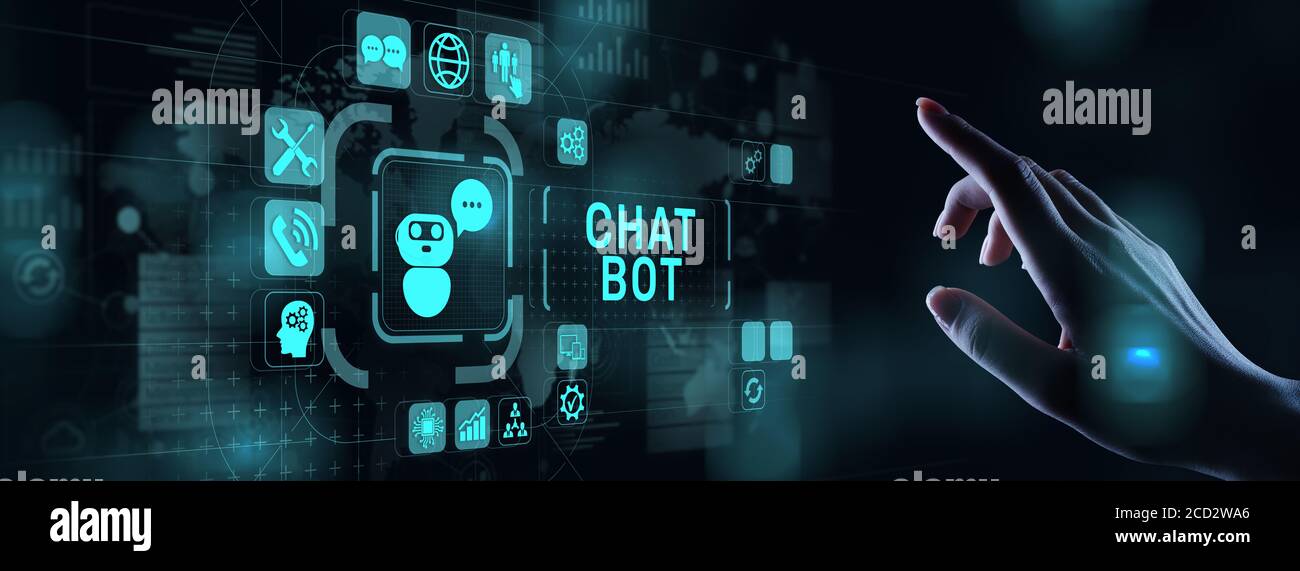 Chatbot computer program designed for conversation with human users over the Internet. Support and customer service automation technology concept. Stock Photo
