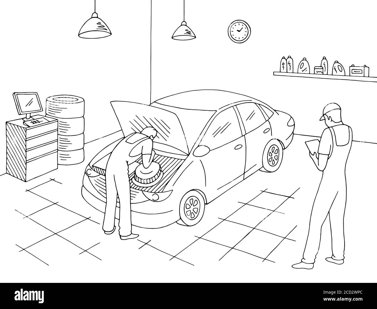 Car service interior graphic black white sketch illustration vector. Workers repair a vehicle Stock Vector