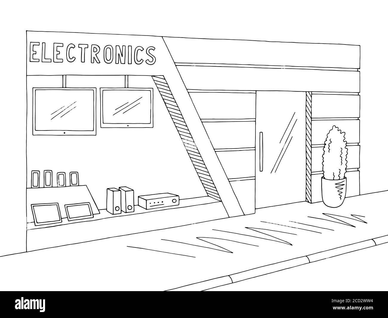 Electronics store exterior graphic black white sketch illustration vector Stock Vector