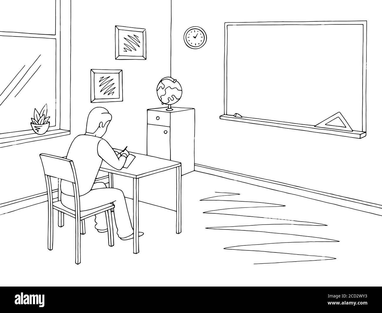 Classroom graphic black white school interior sketch illustration vector. Boy writing in a notebook at the lesson Stock Vector