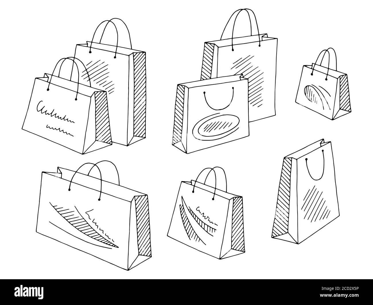 Colorful shopping bags vector illustration. Group of empty paper bags with  different colors isolated in white for shopping design elements. Stock  Vector