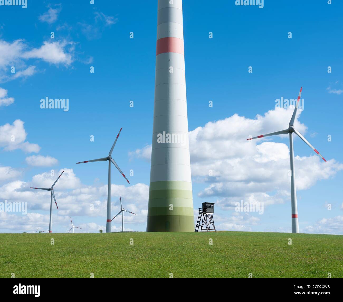 wind turbines and high seat in german eifel in green grass with blue