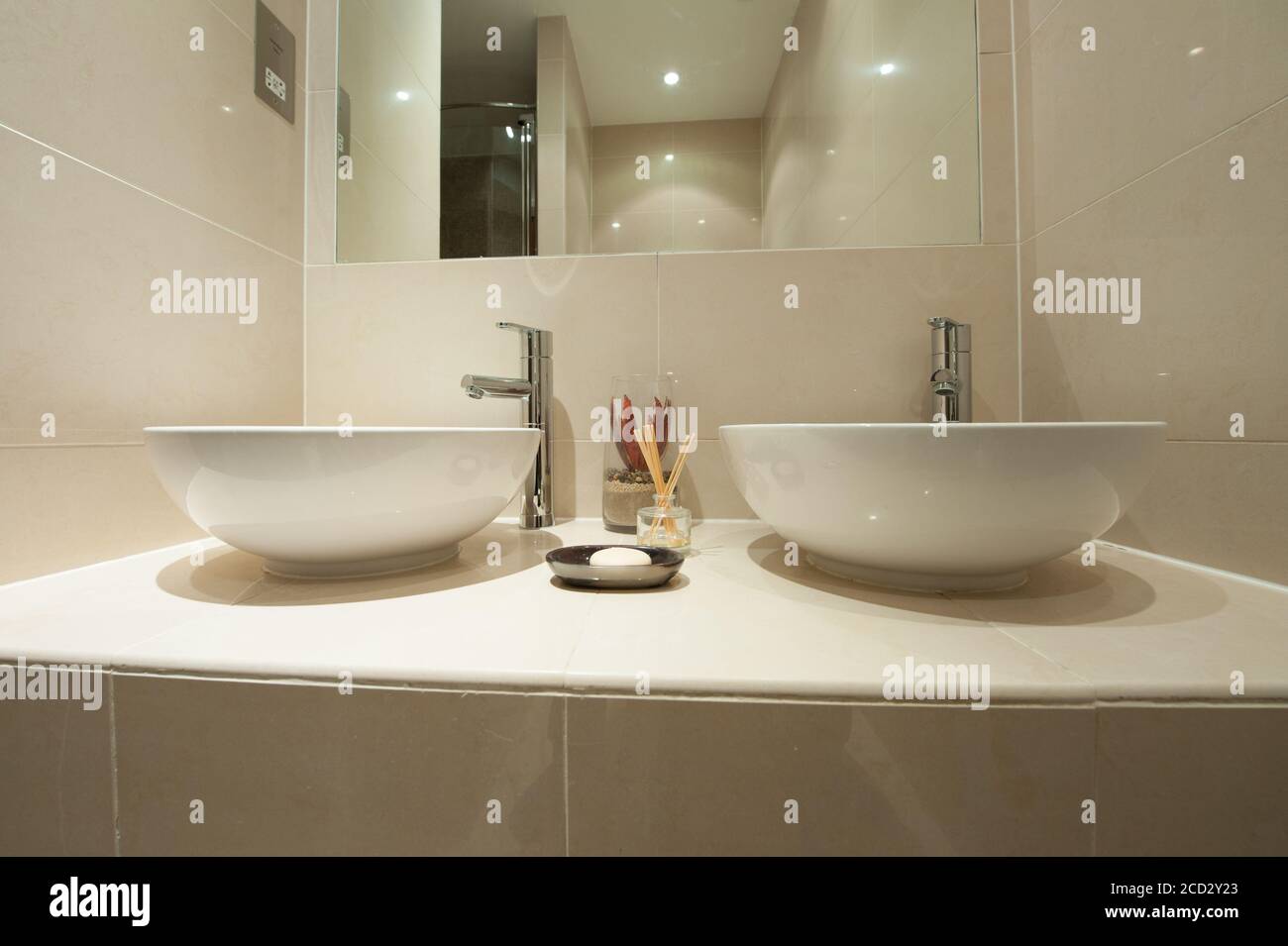 Modern bathroom with dual sinks Stock Photo Alamy