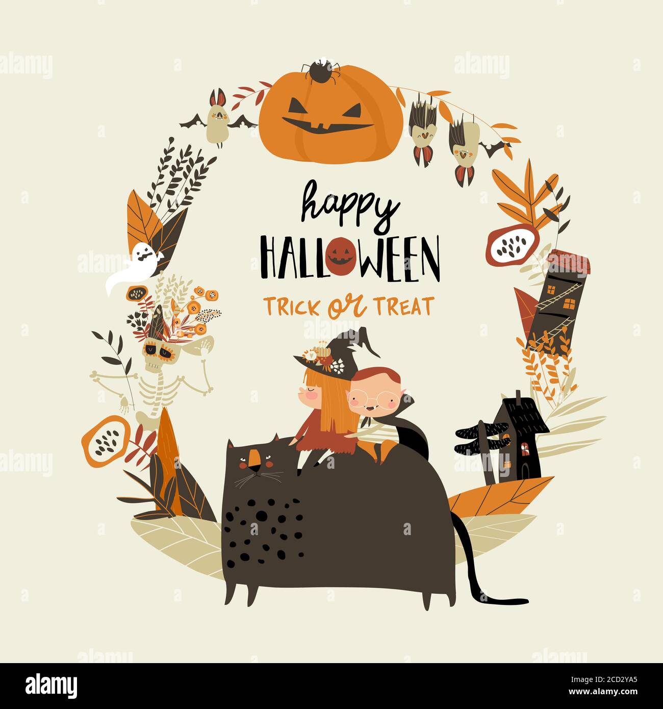 Cartoon wreath with Halloween elements and characters Stock Vector