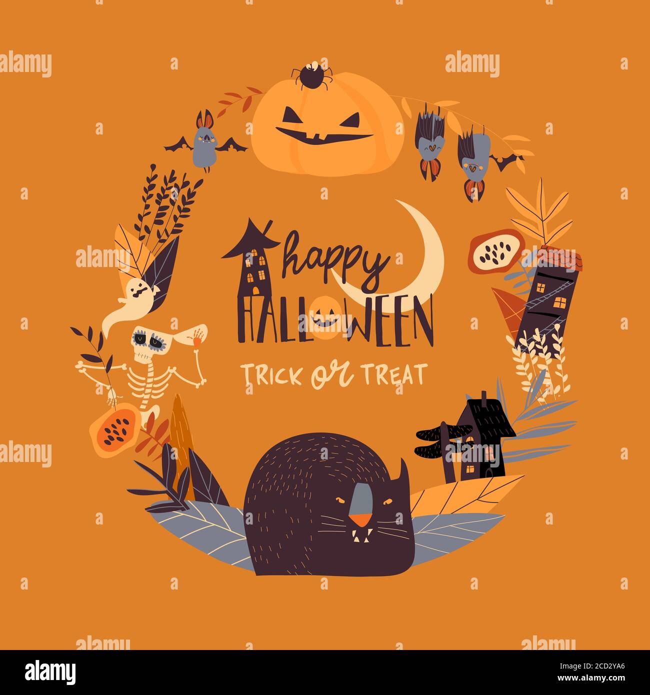 Cartoon wreath with Halloween elements and characters Stock Vector