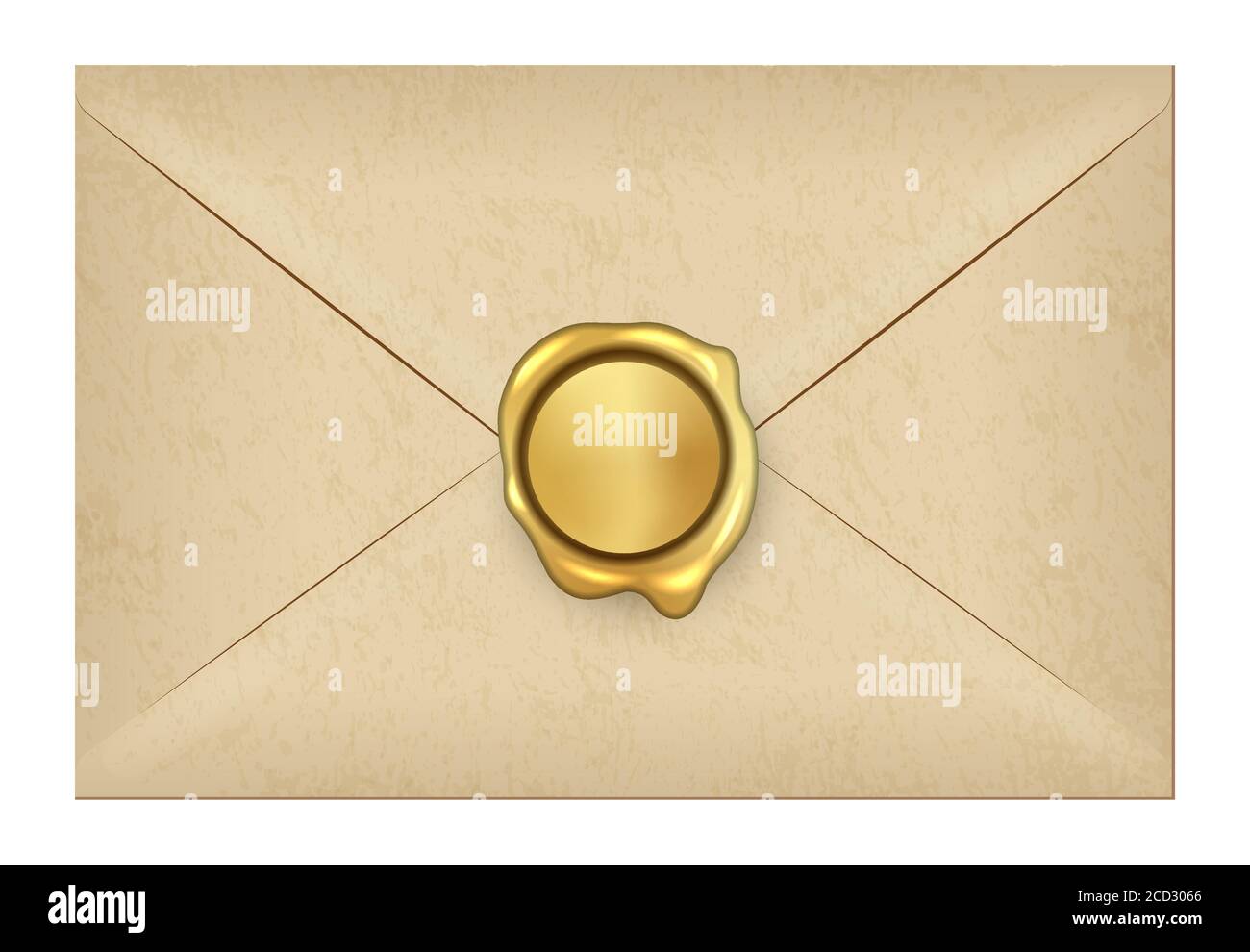 Realistic closed vintage old aged letter envelop with round golden wax seal stamp. Paper parchment. Ancient postage symbol collection. Post object Stock Vector