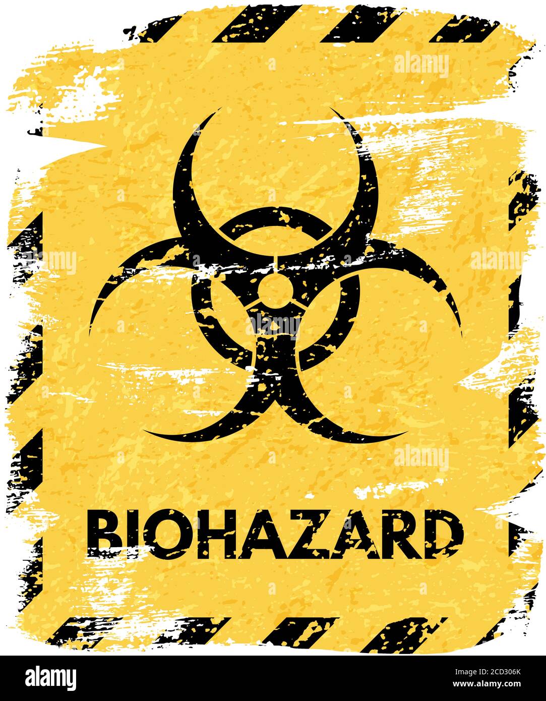 Black grunge biohazard sign isolated on yellow background and striped border. Vector design element. Stock Vector