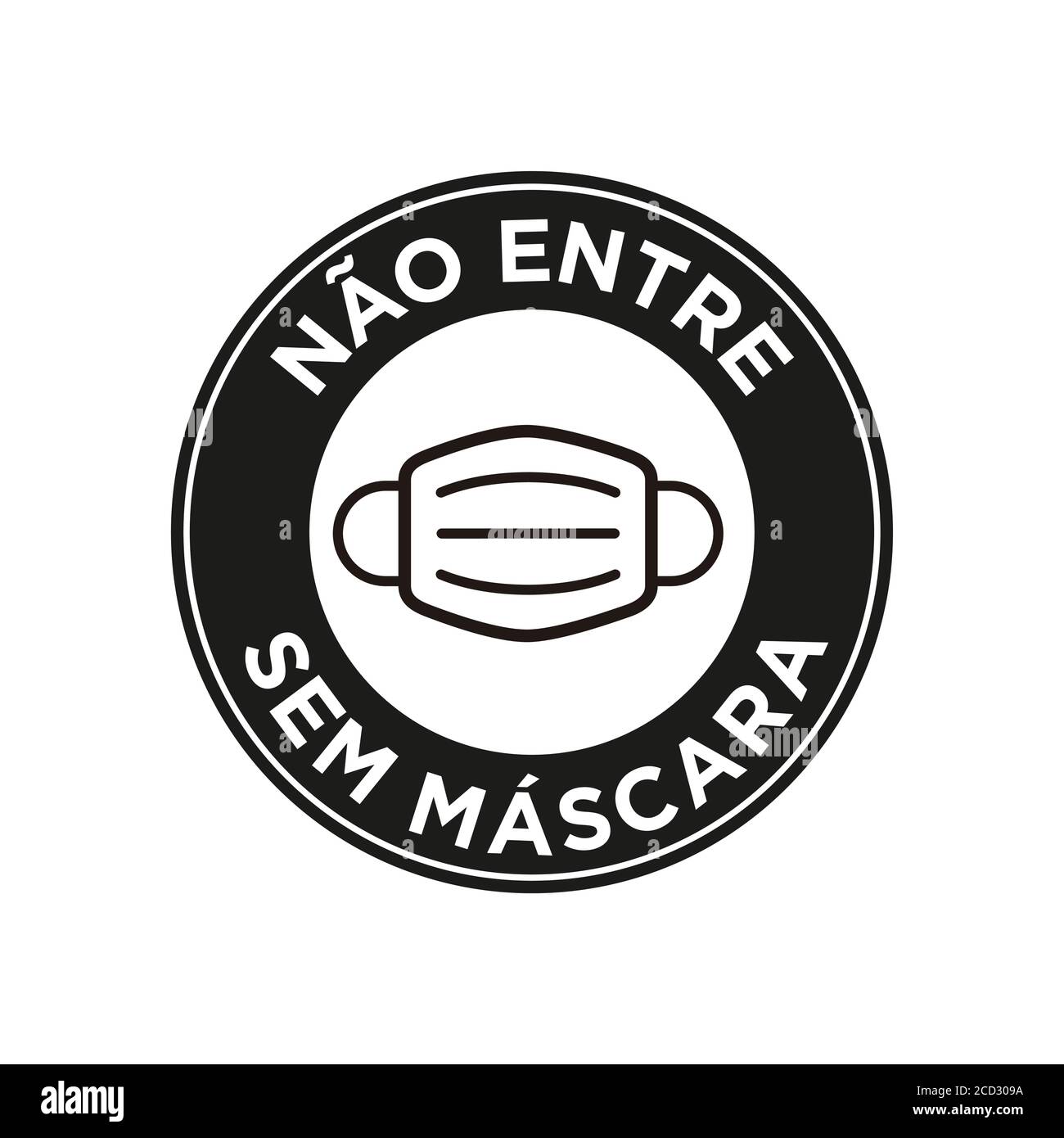 No entry without face mask written in Portuguese icon. Round and black