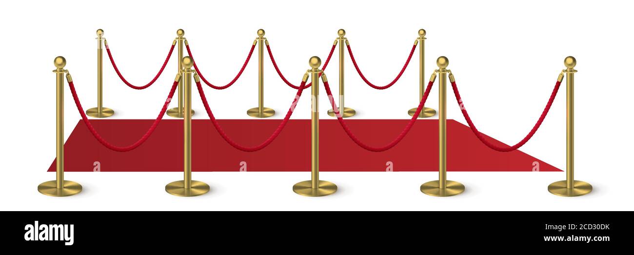 Red carpet with golden columns guard isolated on white background. Entertainment, festival event, reward ceremony. Vector design for cinema premiere Stock Vector