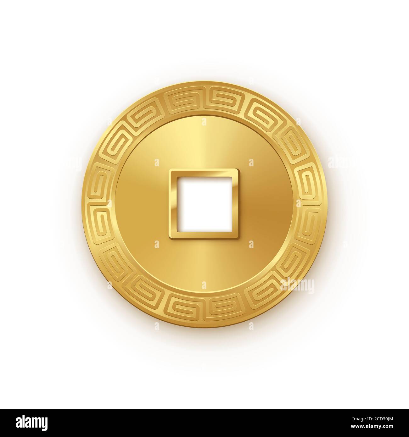Shiny glowing realistic vector golden money coin china isolated on white background pattern. Magic gold oriental currency symbol object bringing Stock Vector