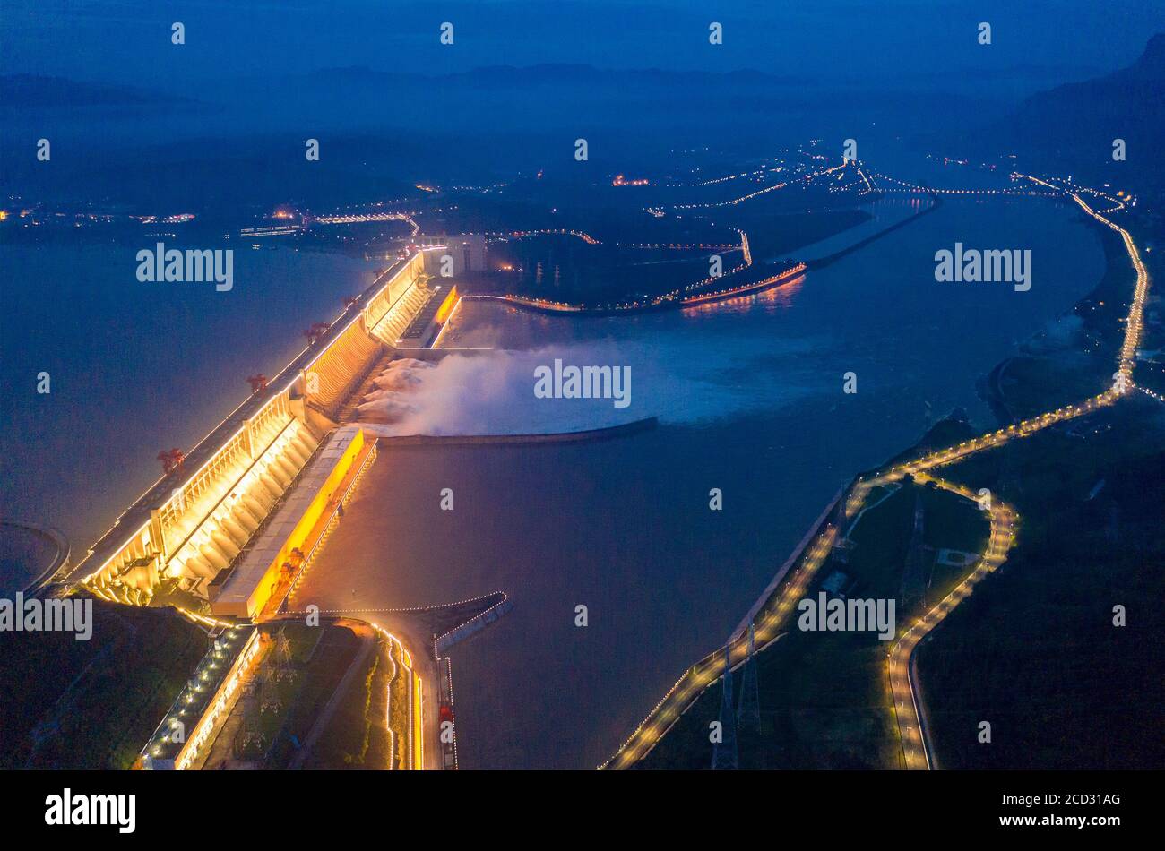 Aerial view of Three Gorges Dam discharging water in Yichang city, south China's Hubei province, 22 July 2020. Stock Photo