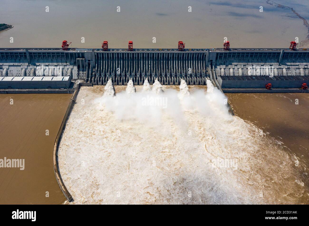 An aerial view of the Three Gorges Dam, which has contributed to fighting against 6 floods successfully, discharging water for potential flood, Yichan Stock Photo