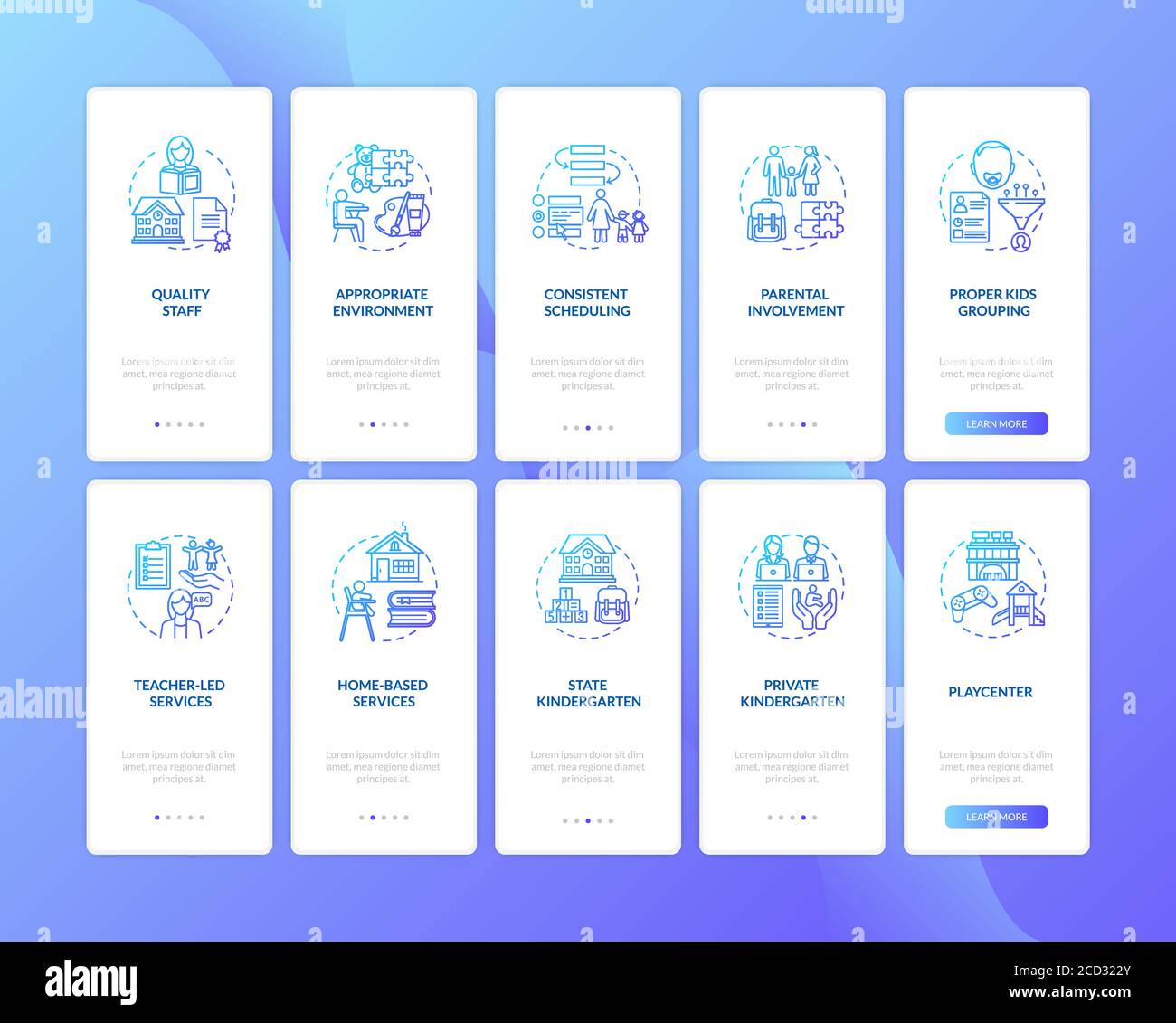 Toddlers education centers types and features onboarding mobile app page screen with concepts set Stock Vector