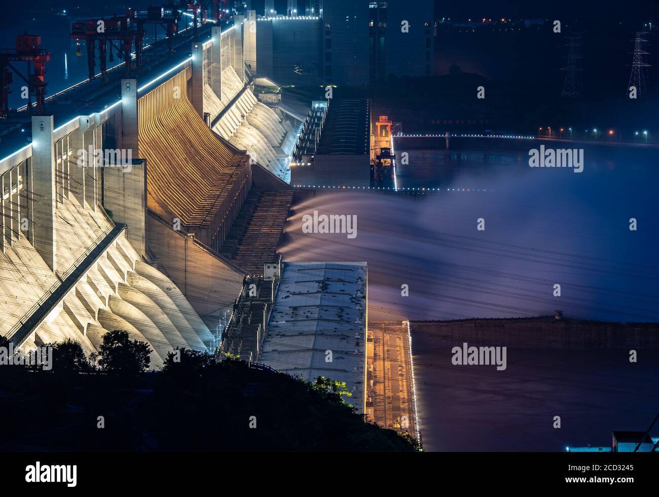 Aerial view of Three Gorges Dam discharging water in Yichang city, south China's Hubei province, 22 July 2020. Stock Photo