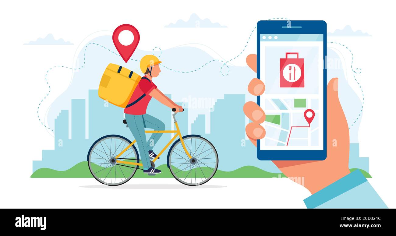 Bike delivery service concept, courier character riding bicycle with delivery box, hand holding smartphone with location. illustration in flat style Stock Photo