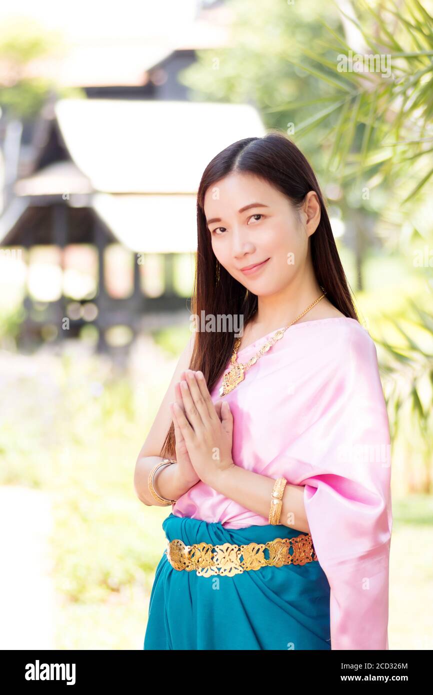Asian woman wearing traditional thai culture,vintage style,Thailand culture,Thailand traditional suit,Thailand vintage,thailand woman,Thailand dress,T Stock Photo
