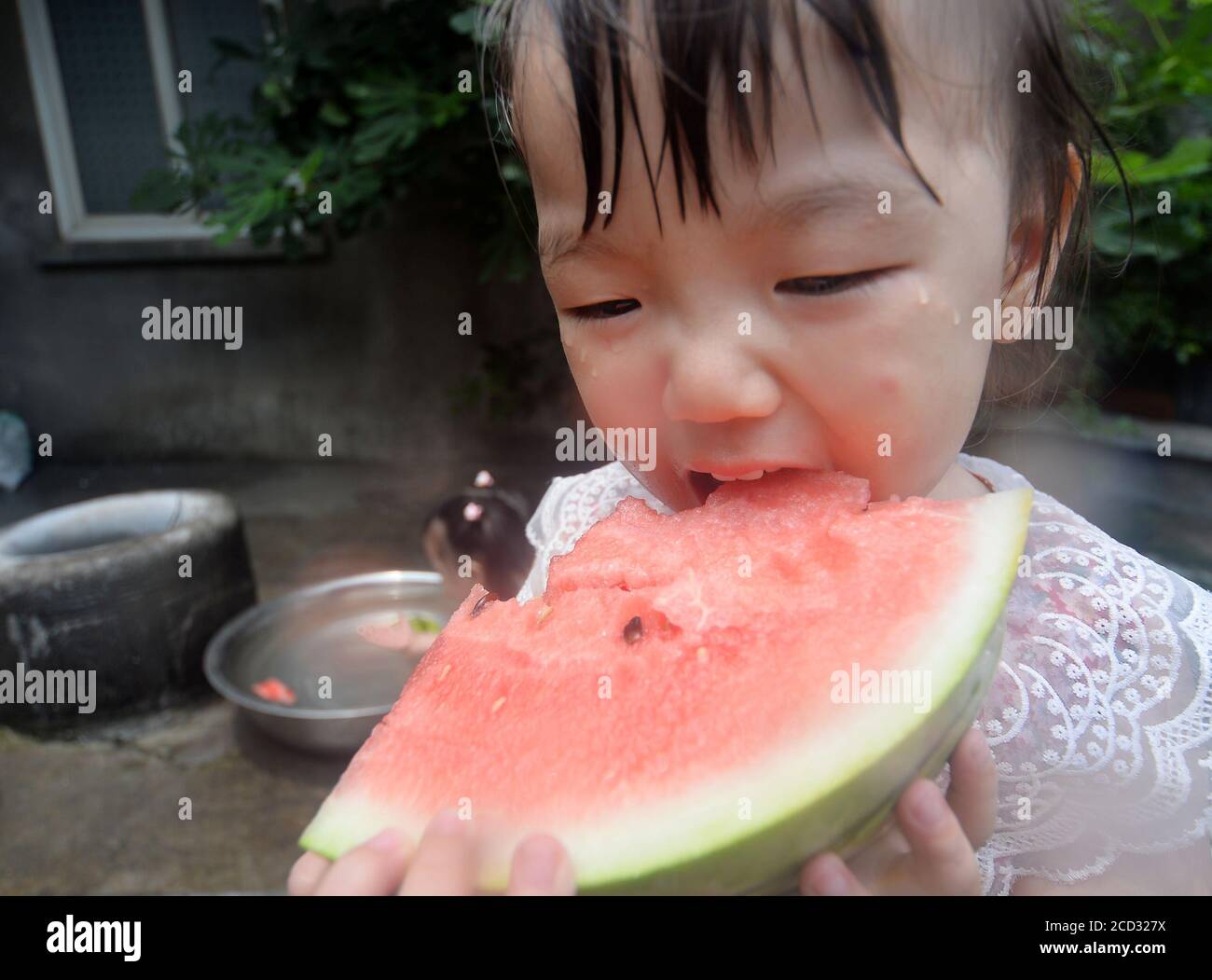 Kids play around the well and eat watermelon which is cooled by water from the well to spare leisure time in summer as Xiaoshu, 11th solar term of the Stock Photo