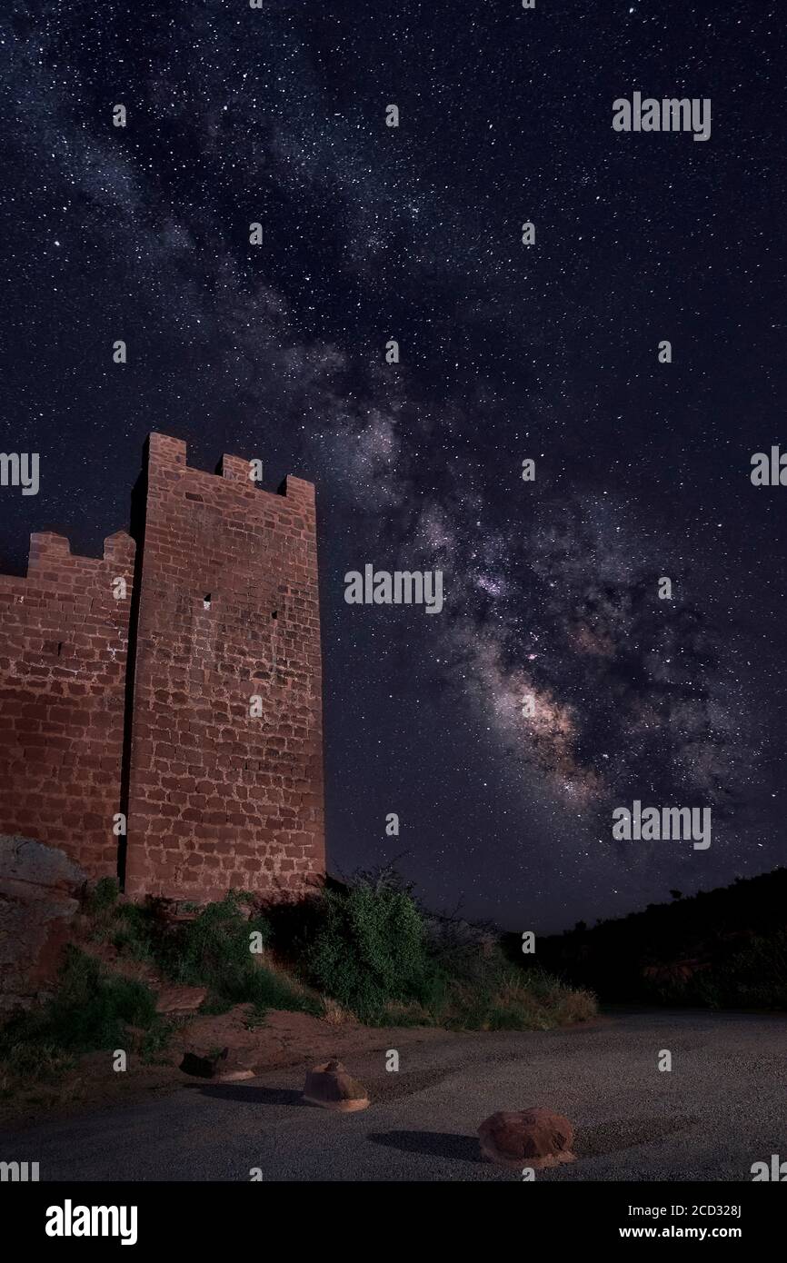 Milky way near Peracense castle (Teruel - Spain) Stock Photo