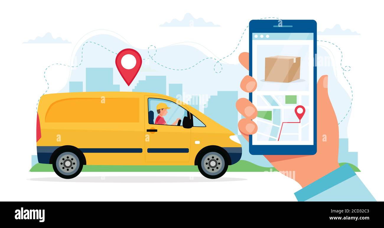 Delivery service concept, courier character riding yellow delivery car, hand holding smartphone with location. illustration in flat style Stock Photo