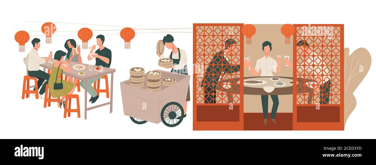 People eating and talking in chinese restaurant vector Stock Vector