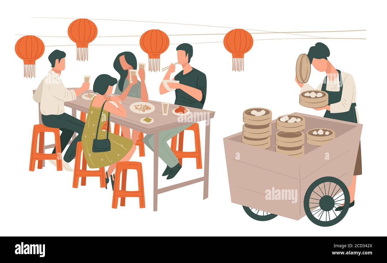 Chinese restaurant interior, people eating asian food vector Stock Vector