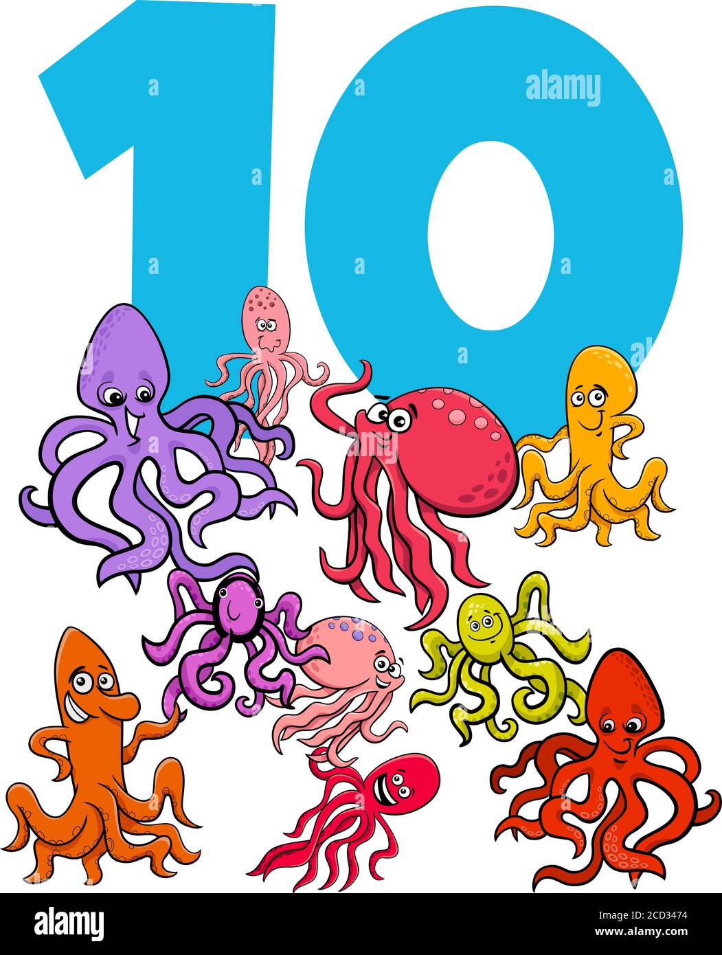 Cartoon Illustration of Number Ten with Funny Octopus Animal Characters