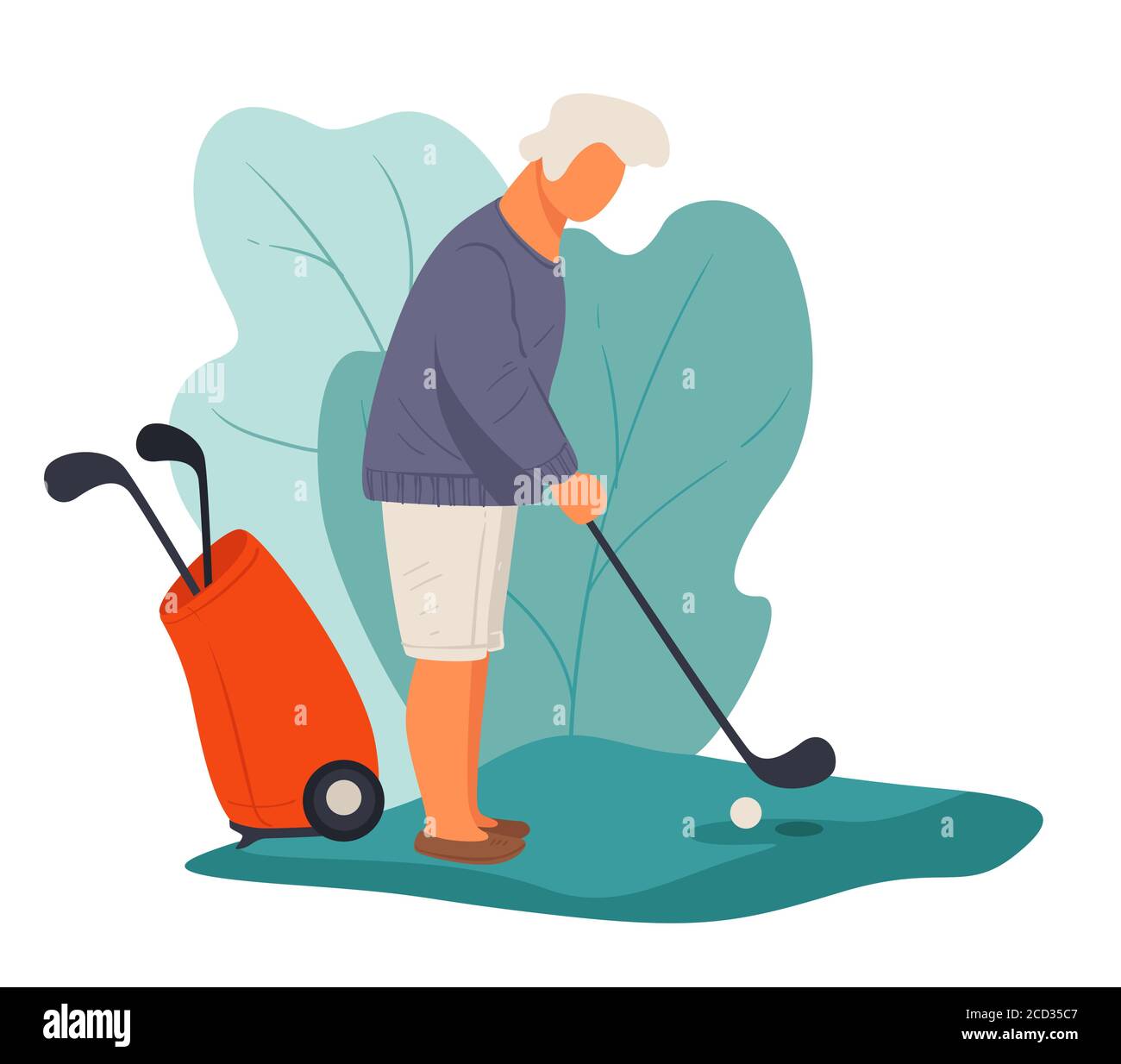 Senior man playing golf hitting ball, active pensioner Stock Vector