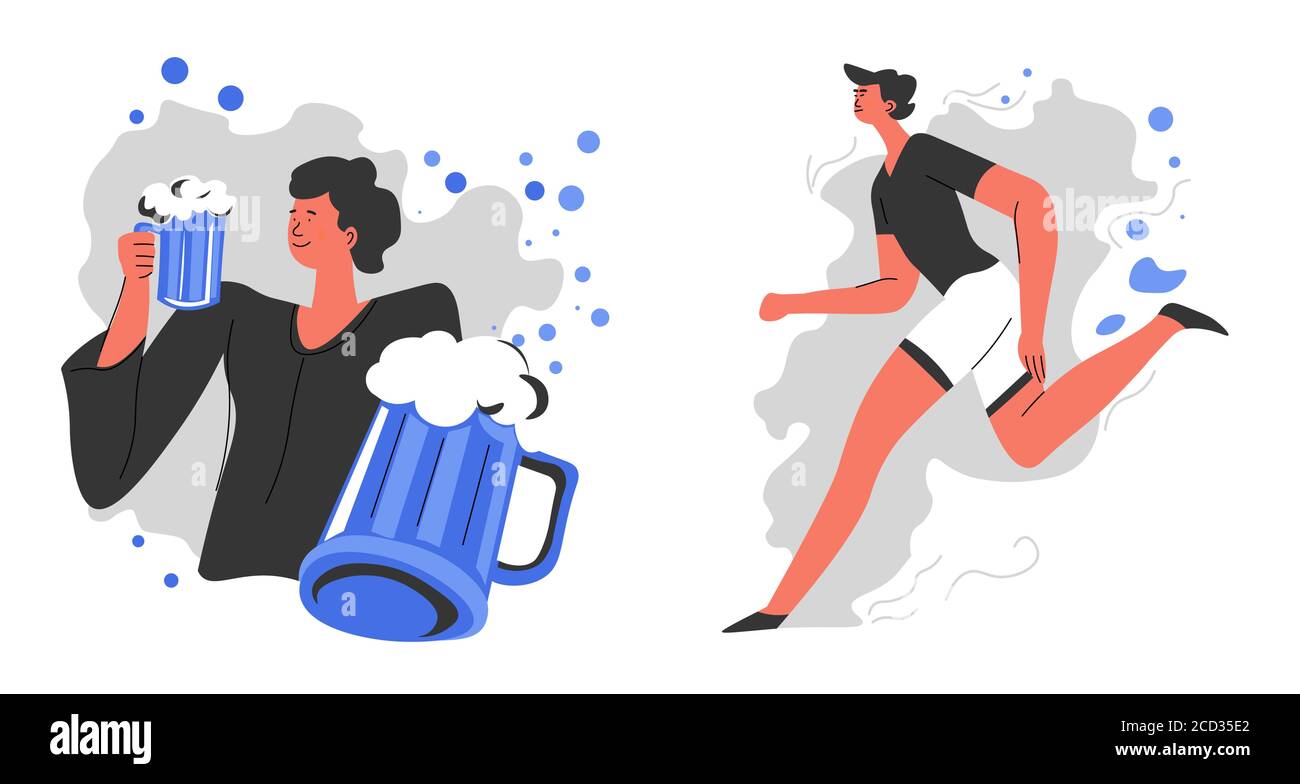 Healthy and unhealthy habits, drinking alcohol and jogging Stock Vector