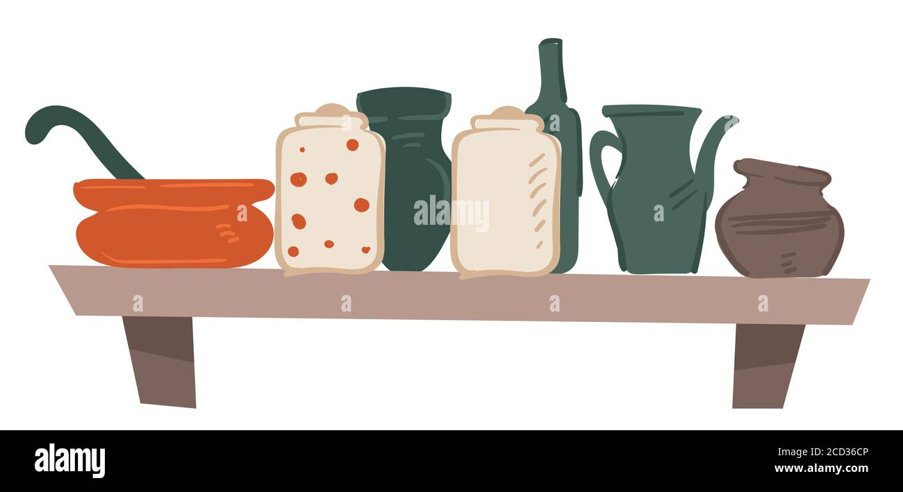Shelf with cookware, cups mugs and pots vector Stock Vector