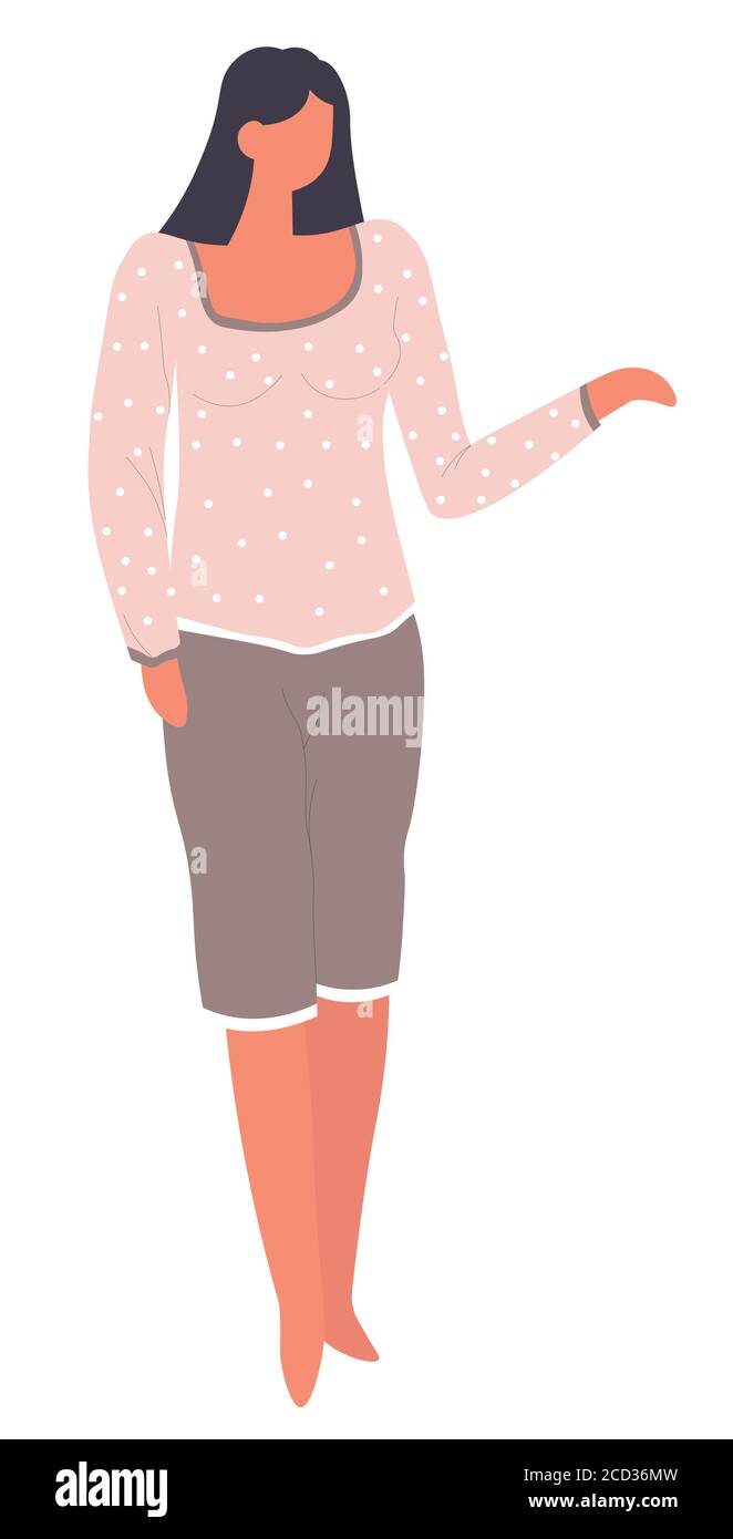 Woman wearing comfortable pajamas at home, trendy sleepwear Stock Vector