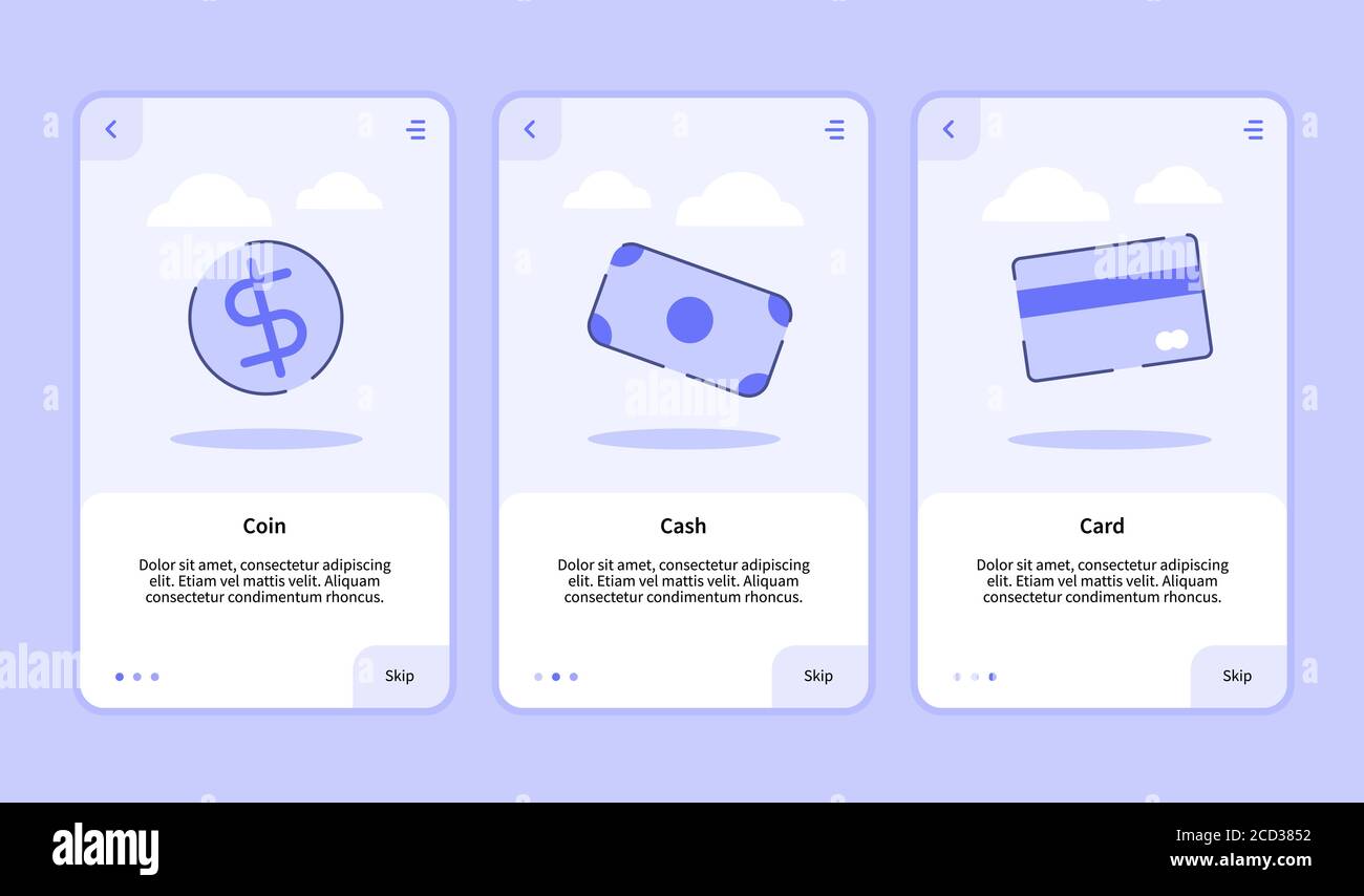 Coin Cash card onboarding screen for mobile apps template banner page UI  with three variations modern flat outline style Stock Vector Image & Art -  Alamy