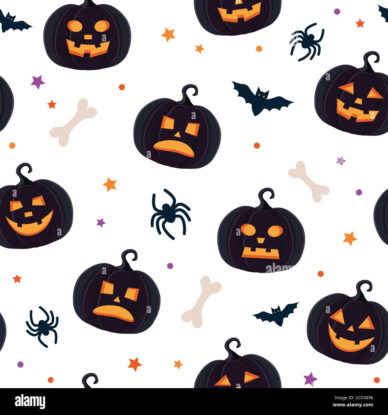 Halloween pattern with different pumpkins, spooky jack o lantern, spiders and bats Stock Vector