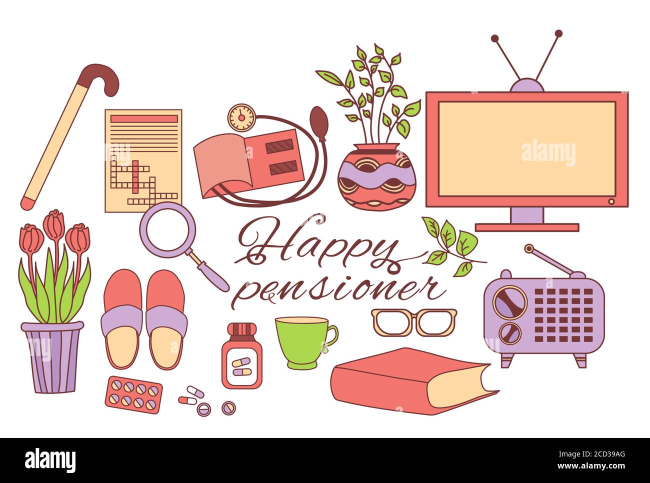 grandparents day. set of happy pensioner icons. The elderly person items are a crossword puzzle and a television, radio technique, medicine pills and Stock Vector
