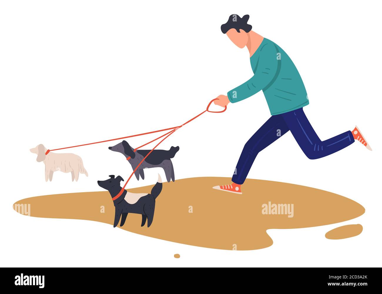 Man running with dogs on leash, male character on walk Stock Vector