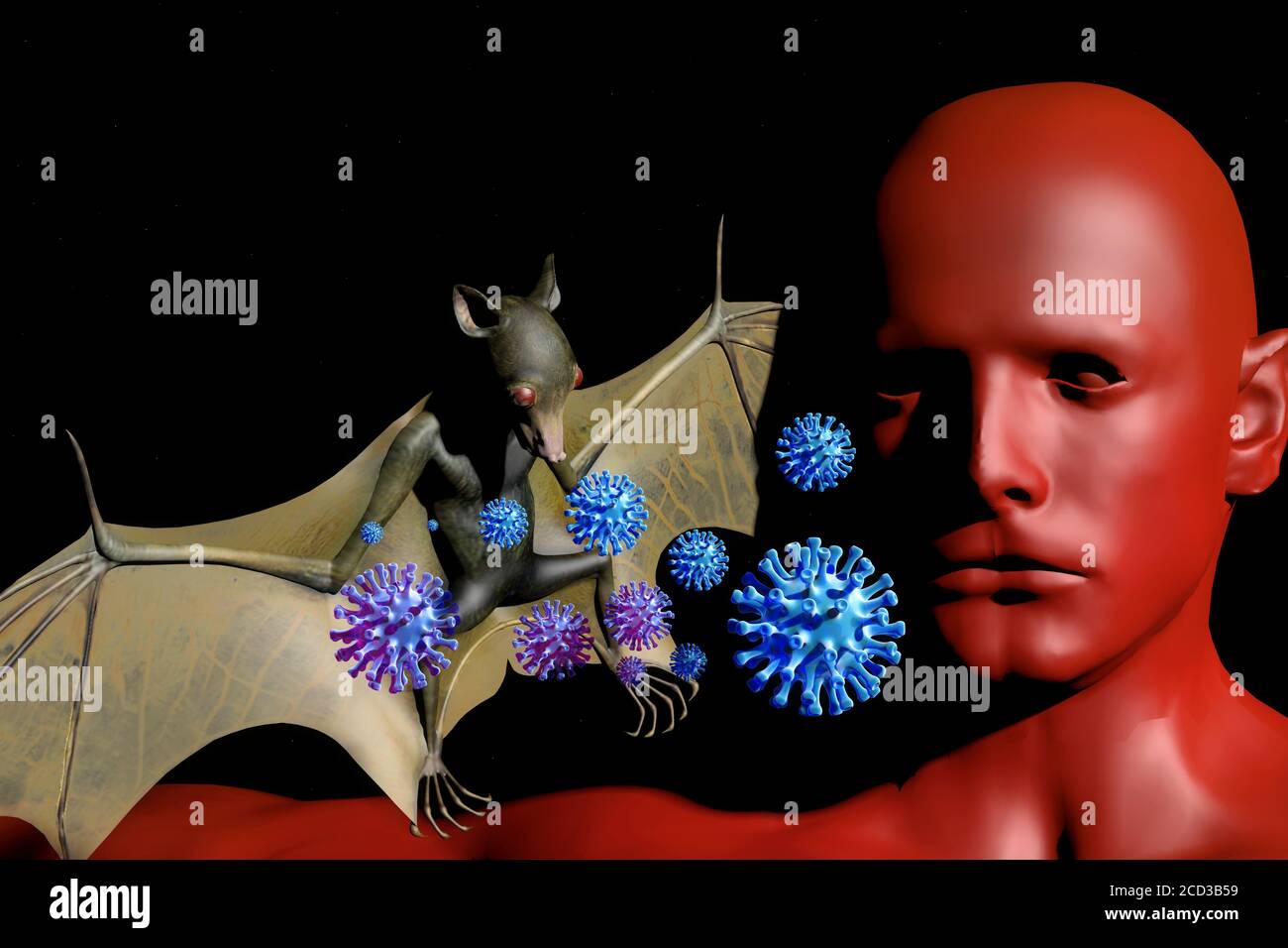 viele Viren wandern von der Tierwelt zum Menschen. Haeufig spielen Fledermaeuse dabei eine grosse Rolle - Symbolbild: CGI-Visualisierung: Coronavirus Stock Photo