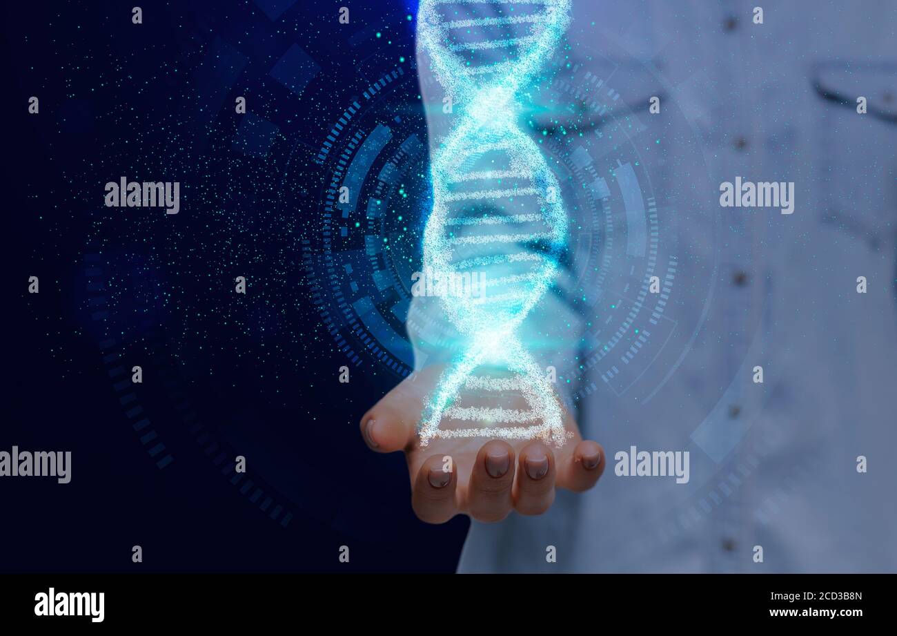 Young woman holding shiny DNA molecule in outstretched hand on blue background, collage with copy space Stock Photo